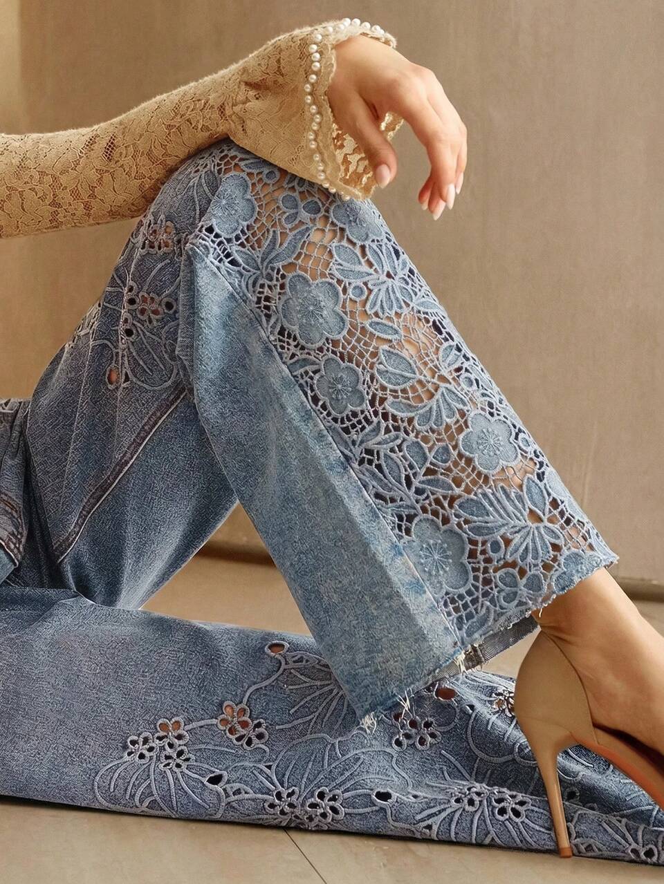 Anewsta Women's Sexy Hollow-Out Embroidered Straight-Leg Pants, Vacation Summer Promotion, Blue