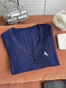 Comfortcana Plus Size Women's Equestrian Pattern Long Sleeve Single-Breasted Casual Knit Cardigan Winter - Navy Blue - View 4
