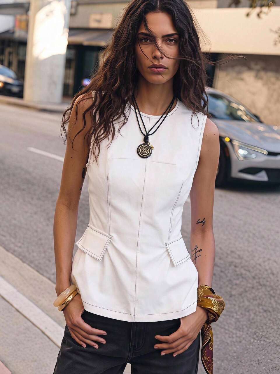 SHEIN Maija White Round Neck Sleeveless Summer Fall Women's Top With Ruffle Hem Urban Business Casual Minimalist Elegant Basic Festival Golf Work Office Brunch
