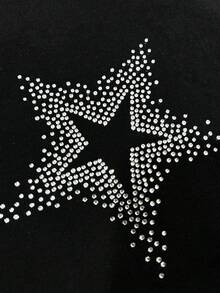ROMWE MEN Sudadera de hombre con parches de estrellas de diamantes brillantes y contraste de color, estilo vintage de calle - Negro - Ver 5