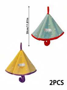 Zazumi 1PC/2PCS Cute Hanging Umbrella Shaped Hand Towel / Thick Plush Coral Fleece White Polka Dot Print Color Contrast Trim Handkerchief, Ultra Water Absorbent Quick Dry Soft Fluffy Wipe Cloth With Built-In Hanging Loop - Multicolor - View 8