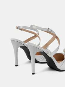CUCCOO HITCHD Women Ruched Satin Mule High Heels, Faux Pearl Decor Pointed Toe Ankle Buckle Strap Stiletto Sandals For Evening Wedding Bridal Dress Shoes - silver gray - View 11