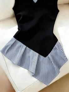 Franclia 女款夏季黑白條紋二合一無袖襯衫，V領收腰喇叭下擺上衣，秋季日常率性時髦返校風 - 黑色 - 查看 5