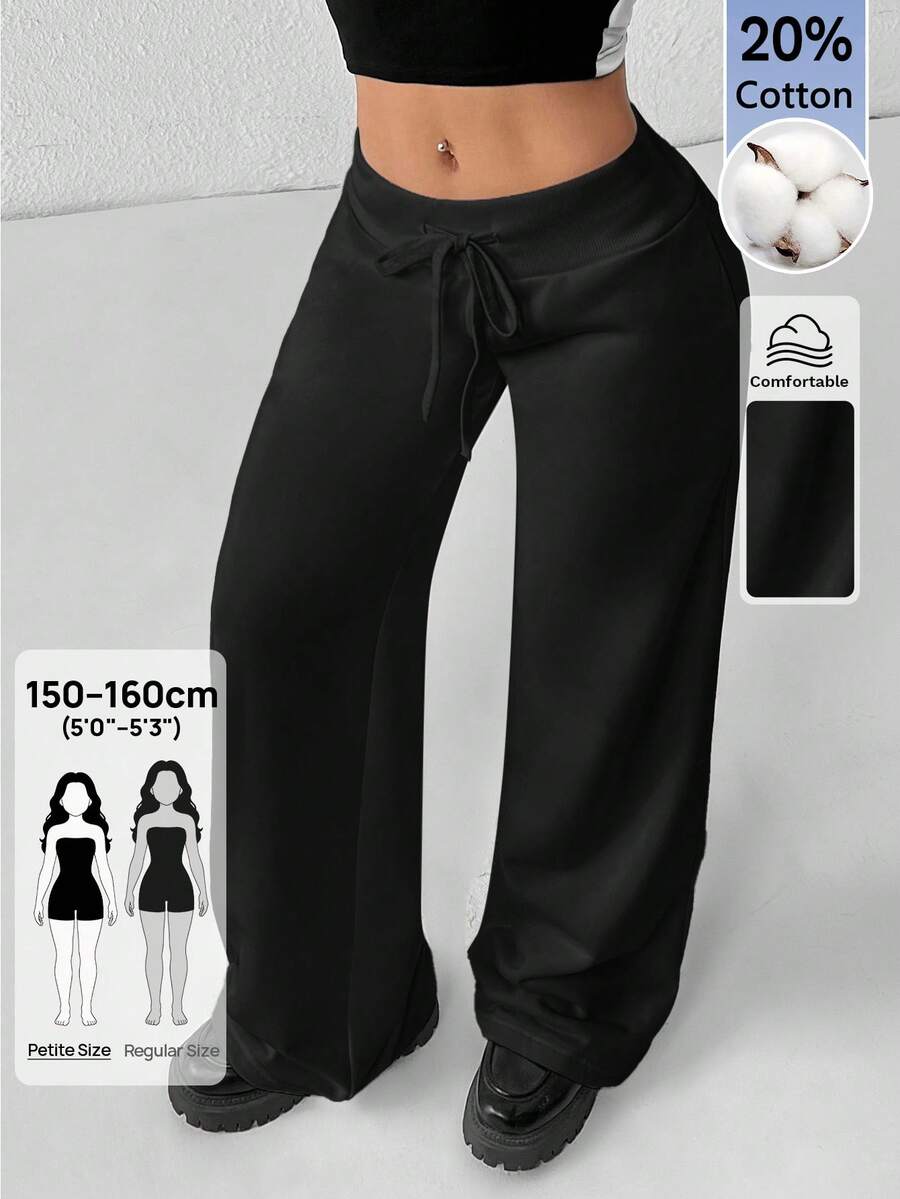 SHEIN PETITE Quần nỉ nữ ống rộng cạp thấp dệt kim trơn thoải mái phong cách thường ngày, dành cho nữ petite