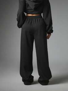 Missguided x Playboy Logo Embroidered Wide Leg Jogger Sweatpants With Drawstring Waist And Side Pockets Cozy Fleece Casual Pants - Black - View 3