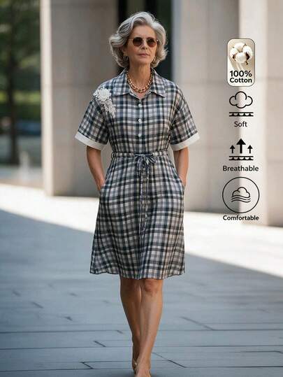 Offisola French Vintage Plaid Shirt Dress, Lapel Short Sleeve 3D Floral Waist-Cinching Slimming A-Line Midi Dress