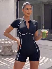 Sirith Dewbera High Elasticity Fitness Jumpsuit, Short Sleeve Short Shorts Workout Outfit, Backless Sports Jumpsuit With Zipper - Black - View 1