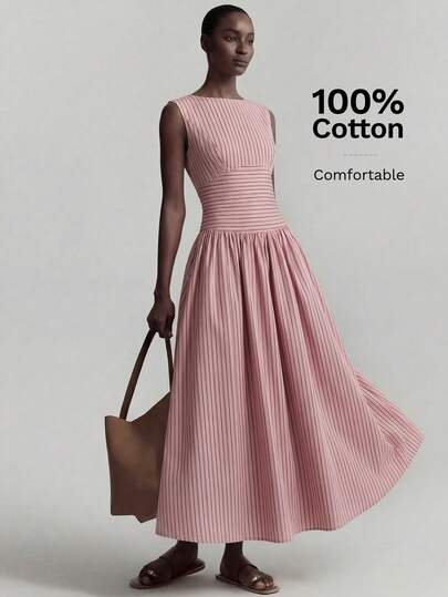 Ontre Vestido largo de mujer estilo campestre para festival, playa, vacaciones y concierto de música country 2026SS, nuevo de primavera, a rayas con patchwork, elegante, cuello redondo, sin mangas, ceñido a la cintura, plisado, rosa, casual, minimalista, moderno urbano, para uso diario, ir a trabajar, vacaciones, invitada de boda, tejido plano, corte evasé amplio, estilo Old Money, para fiesta del té y salidas, versátil