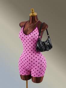 Amplova Women's Polka Dot Print Halter Neck Backless Sports Romper Seamless Pink Backless Fitness Gym Sexy Workout Going Out Daily Wear Sport Jumpsuit Fashion - Pink - View 4