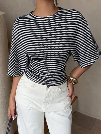 Aloruh Black & White Striped Batwing Sleeve Waist-Cinching Casual T-Shirt