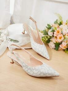 CUCCOO HITCHD Silver Lace Back Empty Shoes French Pointed Buckle Strap Stiletto Commuter Banquet High Heels - Silver - View 2