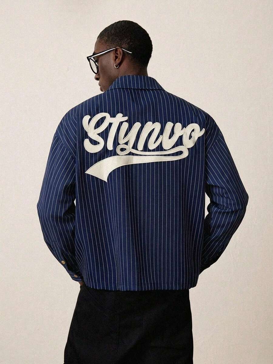 STYNVO 男士字母條紋落肩長袖休閒襯衫 - 藍色 - 查看 1