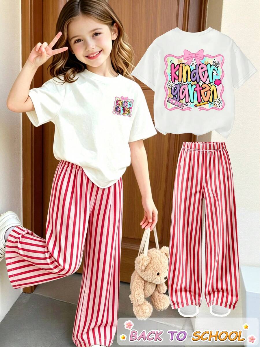 Back To School Season Girls Toddler Fresh Creative Cartoon Stationery Floral Colorful Fun Letter Print Basic Short T-Shirt And Red Pink Vertical Striped Wide Leg Pants Set - Multicolor - View 1