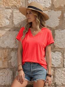 EMERY ROSE Camiseta casual versátil de mujer de unicolor con cuello en V y manga corta - Rojo - Ver 6