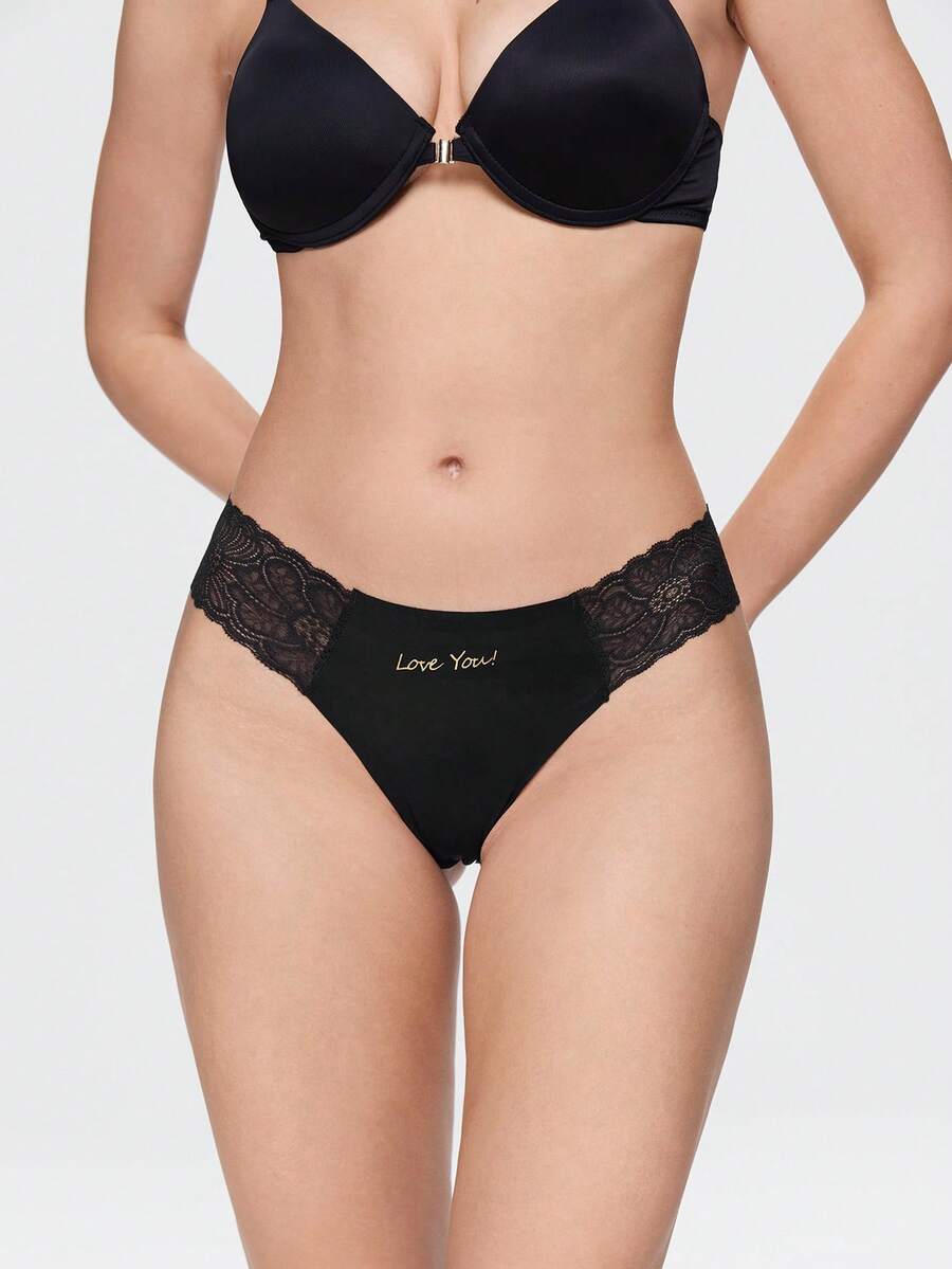 Bonmuse European And American Sexy Ice Silk Lace Patchwork Solid Color Women's Triangle Panties - Black - View 1