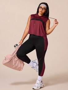 SHEIN Rhythm Era 女款運動瑜珈戶外健身運動套裝，抽繩連帽寬鬆運動衫搭配弧形拼色胸前設計，緊身運動褲搭配線條與拼色對比設計 - 酒紅色 - 查看 6