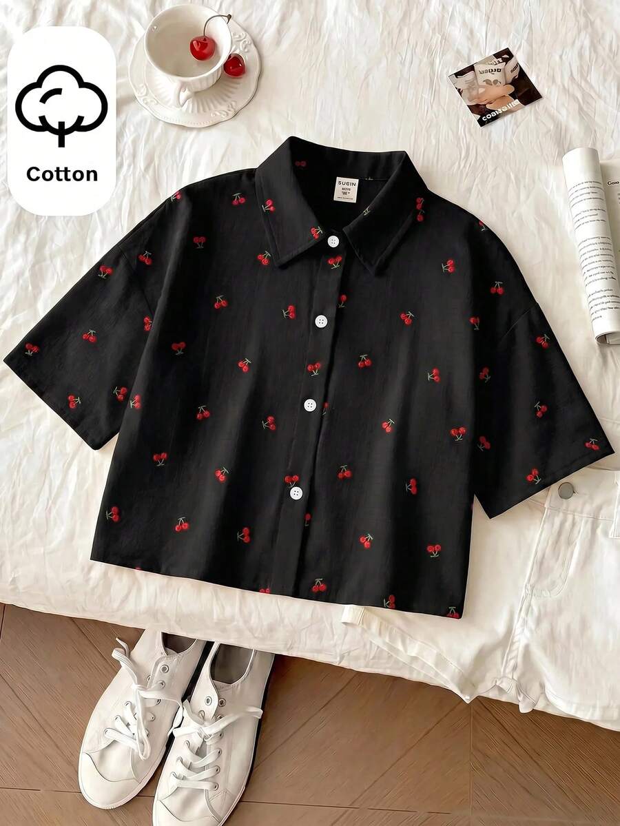 SHEIN 青少年女孩休閒可愛日常時尚黑色寬鬆短袖上衣 返校季夏季校園風 - 黑色 - 查看 1