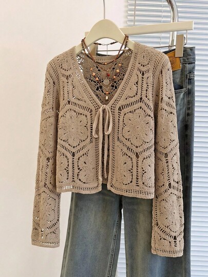 Freevana Áo cardigan len dệt kim tay dài size lớn cho nữ, màu kaki, thắt nơ trước, len dệt vân co giãn, phong cách thanh lịch thường ngày, áo mặc mùa xuân hè đầu thu