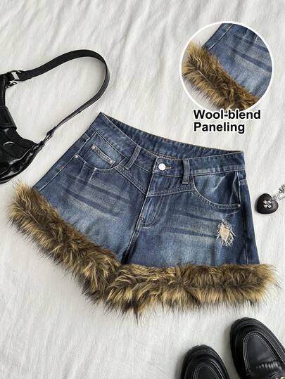 Attitoon 女款夏季時尚復古毛絨拼接牛仔短褲