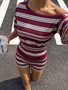 SHEIN PariChic Women's Spring/Summer New Casual Outing Maillard Striped Asymmetrical Shoulder Waist-Defining T-Shirt And Shorts Set - Multicolor - View 3