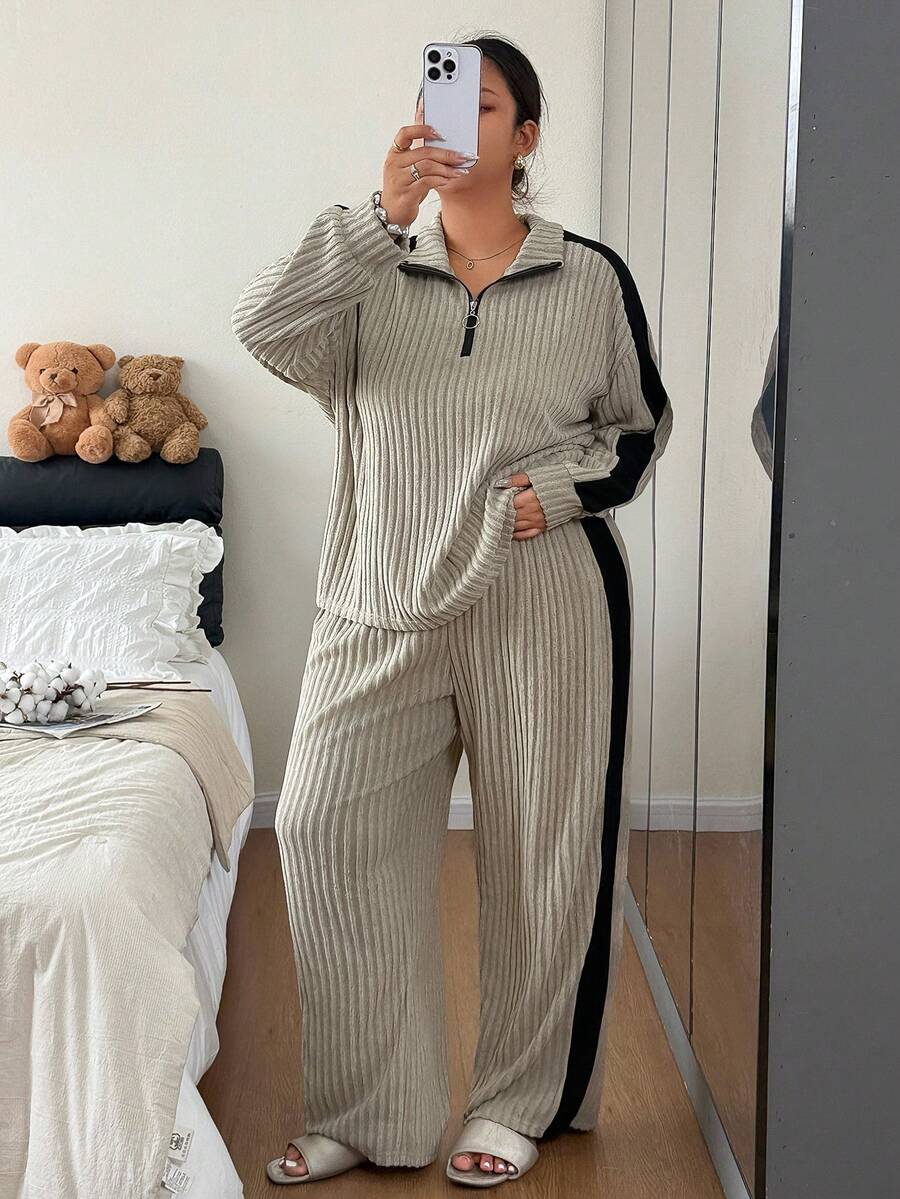 Napfluff CURVE Napfluff CURVE 女款休閒拼色拼接半拉鍊領長袖上衣與寬腿褲大尺碼居家服套裝 - 卡其色 - 查看 1