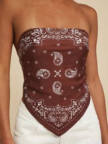 Travachic Women's Woven Paisley Print Tie Back Open Back Bandeau Top - Brown - View 1