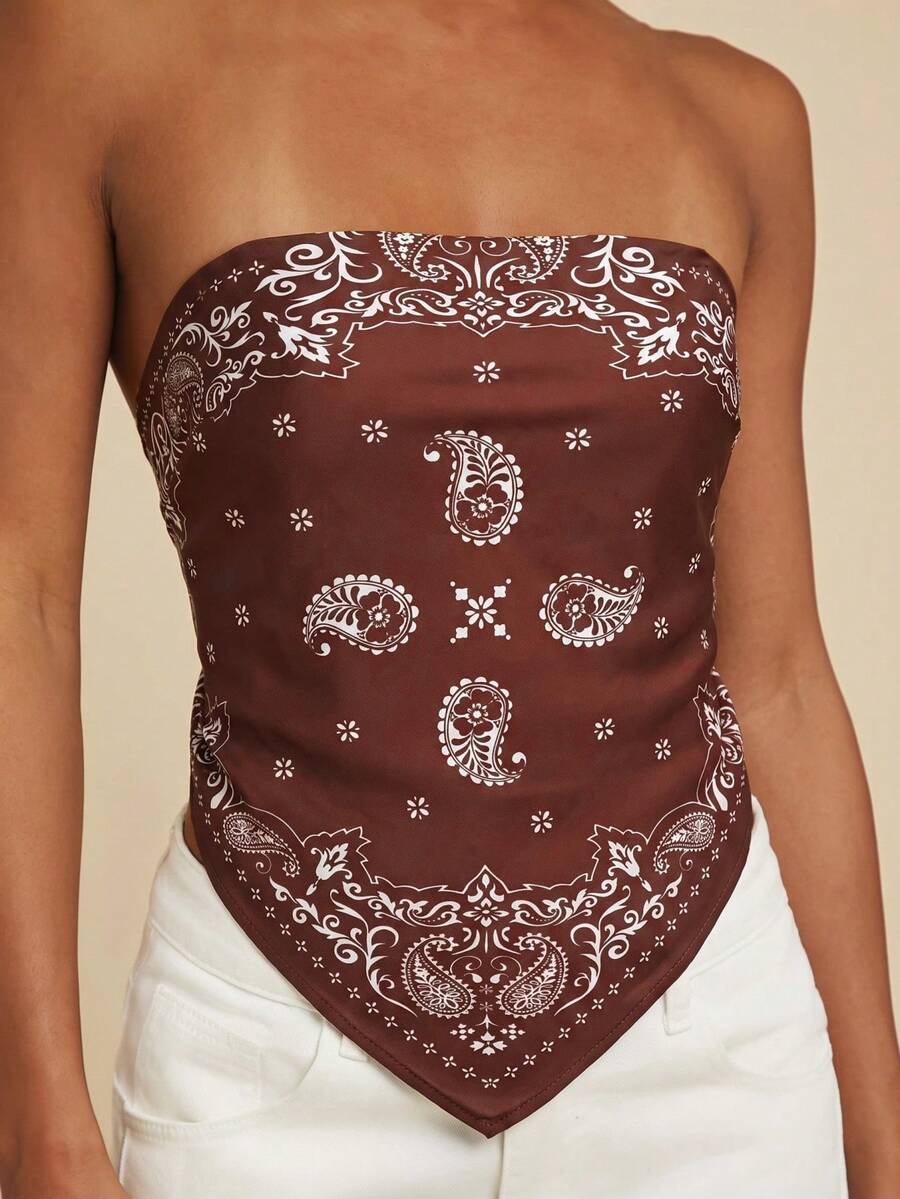 Travachic Women's Woven Paisley Print Tie Back Open Back Bandeau Top - Brown - View 1