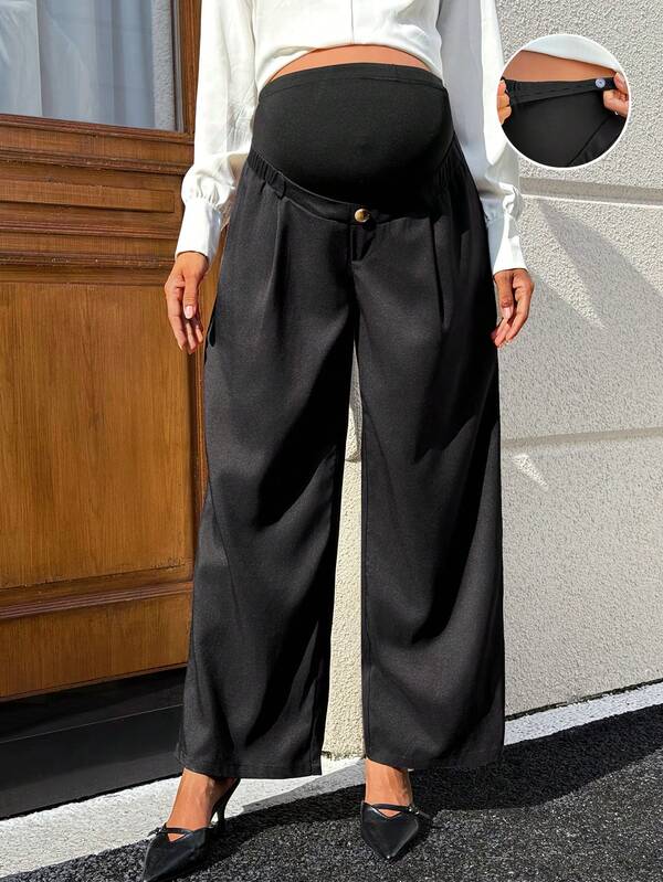 MaterniWear Maternity Fashion Button Pleated Adjustable Waist Long Pants Fall
