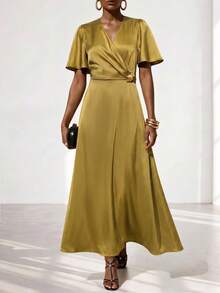 Zivah Women's Elegant Solid Color Waist-Cinching Long Dress - Mustard Yellow - View 10
