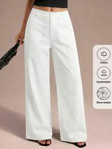 SHEIN Tall CURVE CURVE 大尺碼女款高個純白色寬腿長褲，高腰棉質休閒基礎款，適合夏季度假與優雅通勤辦公 - 白色 - 查看 6