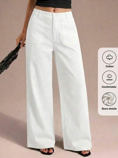 SHEIN Tall CURVE CURVE 大尺碼女款高個純白色寬腿長褲，高腰棉質休閒基礎款，適合夏季度假與優雅通勤辦公