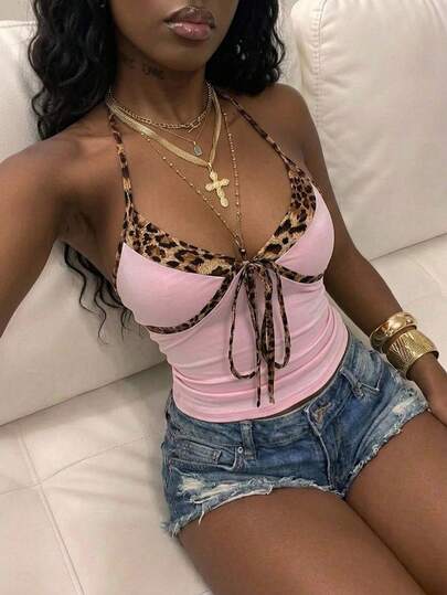 Fiercella Fiercella 2000s Style Women's Casual Leopard Print Patchwork Spaghetti Strap Top, Y2K Streetwear, Suitable For Summer