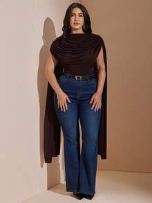 SHEIN BAE CURVE 大尺碼女款棕色抓皺綁帶連身衣，優雅連身衣 - 棕色 - 查看 5