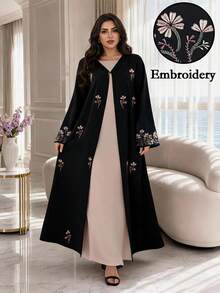 Al Najma Plus Size Women's Floral Embroidered Cuff Loose Fit Abaya Wedding Summer Modest Asian Chinese - Black - View 4