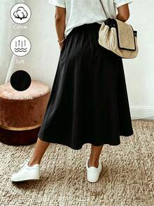 SHEIN Holidaya Women's Summer New Casual Style Cotton Linen Drawstring Khaki Skirt, Selected Textured Cotton Linen Fabric, Elastic Waist With Drawstring Design, Suitable For Various Body Types, Loose A-Line Flared Silhouette To Flatter Hip Lines, Classic Versatile Khaki Tone, Suitable For Daily Commute, Travel, Light Casual Occasions, Easily Create A Relaxed And Natural Atmosphere, Cotton Linen Skirt, Khaki Skirt, Vacation Skirt - Black - View 2
