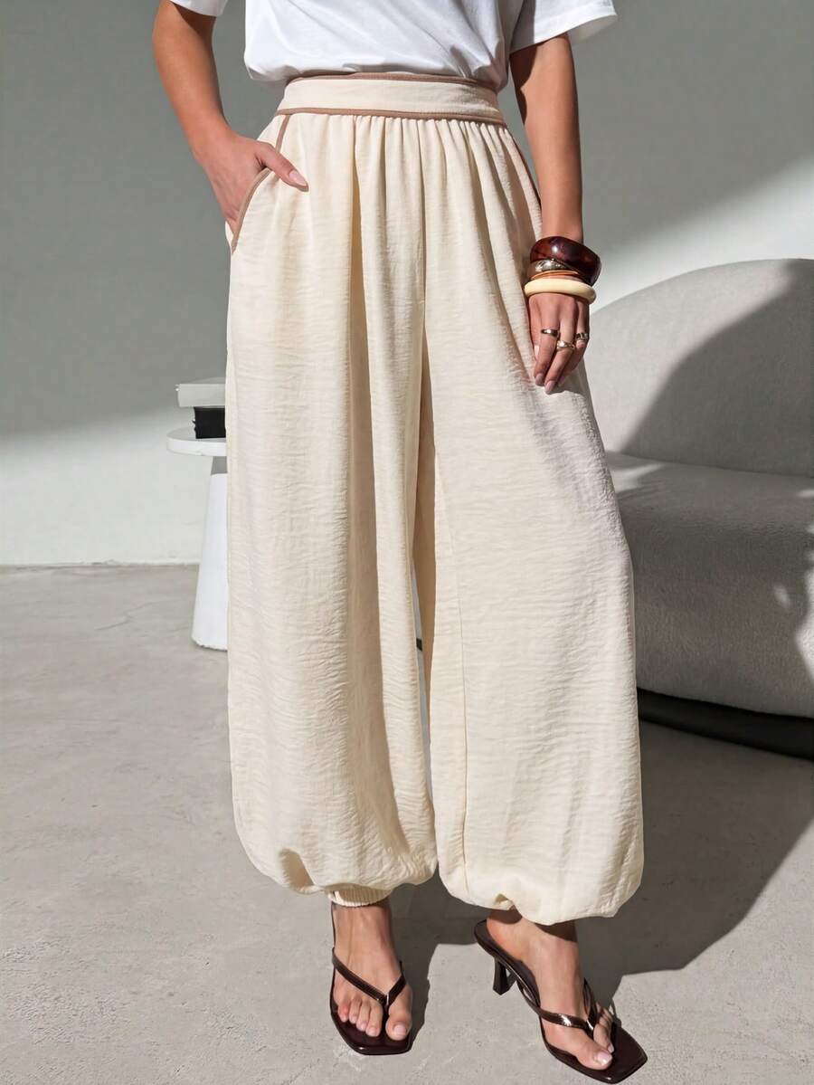 SHEIN Clasi Contrast Trim Elegant Commuter Balloon Pants - Apricot - View 1