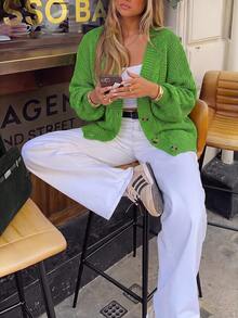 Women's Solid Color V-Neck Single-Breasted Casual Versatile Daily Long Sleeve Cardigan - Green - View 3