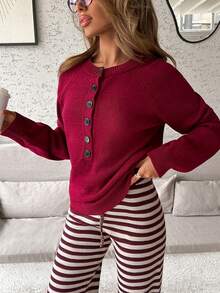 SHEIN Women Sweater With Button Dark Red Brunch Office Autumn Casual French - Burgundy - View 5