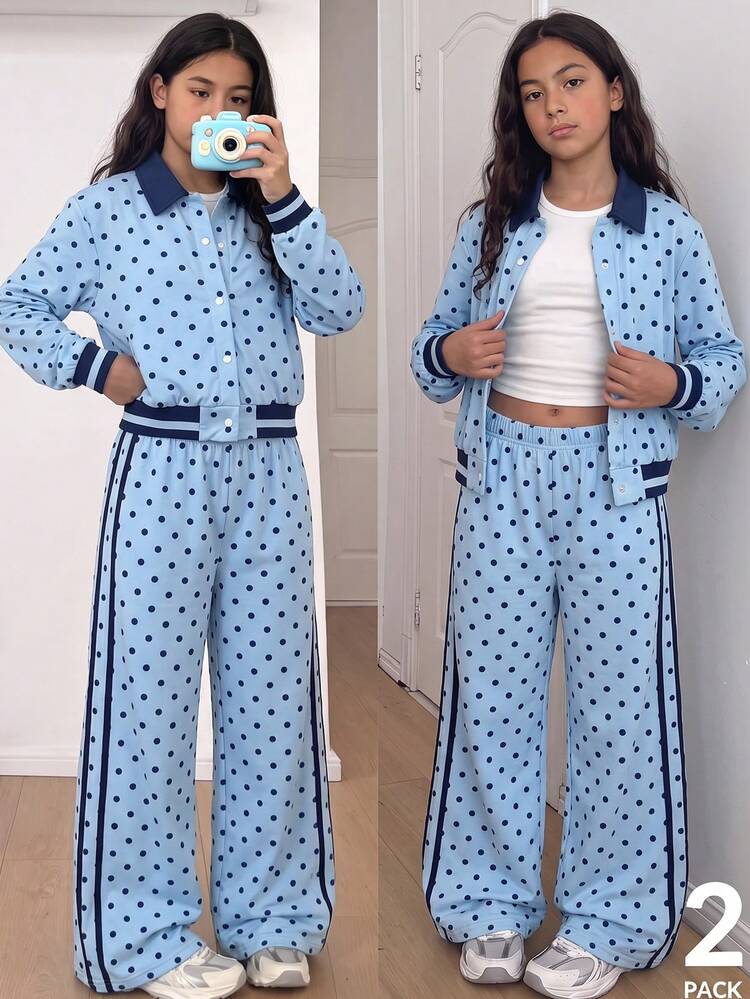 SHEIN 2pcs Young Girls Casual Korean Style Light Blue Polka Dot Set With Navy Contrast Collar, Single-Breasted White Buttons, Striped Ribbed Waist And Cuffs - Blue - View 3