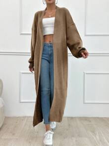 SHEIN Tall Cárdigan con bolsillos dobles y hombros caídos - Camel - Ver 6
