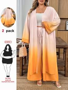 SHEIN CURVE+ Curve 大尺碼 US22 音樂節海邊度假波希米亞風優雅純色紋理寬鬆蝙蝠袖兩件套 秋季婚禮賓客穿搭 粉色 - 黃色 - 查看 1