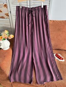 Comfortcana Plus Size Casual Versatile Striped Drawstring Waist Long Pants For Daily Wear - Watermelon Pink - View 4