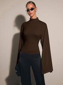COSMINA Women's Solid Color Stand Collar Split Sleeve Fitted Elegant Blouse - Coffee Brown - View 5