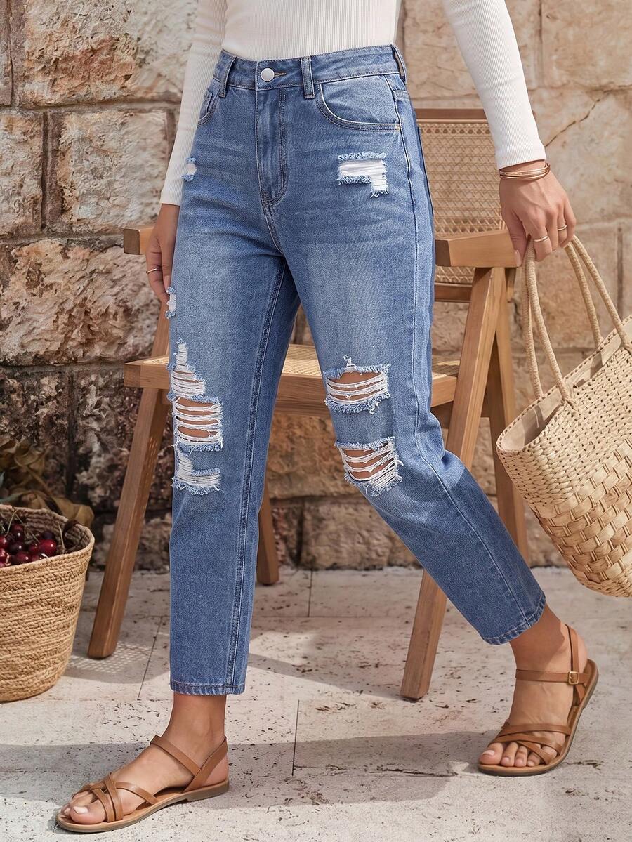 EMERY ROSE Women's Pocket Button Distressed Casual Versatile Daily Wear Denim Jeans - Blue - View 1