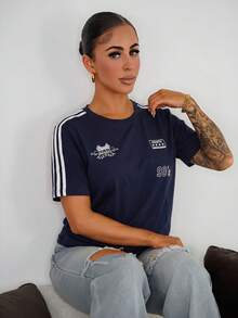 SAYEHFBABY Motorcycle Style Print Colorblock Striped Detail Short Sleeve T-Shirt,Fall Clothes Preppy Tops Casual - Navy Blue - View 4