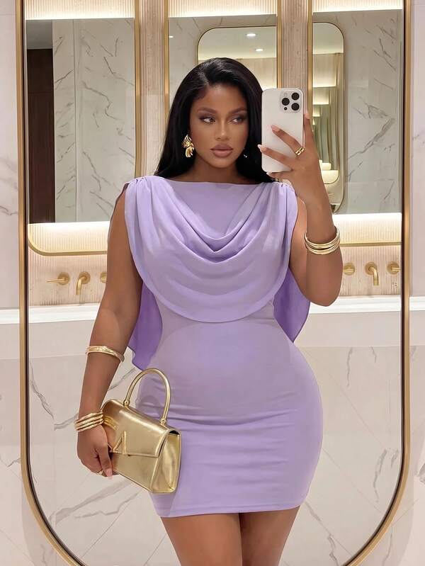 Slaydiva Spring/Early Autumn New Style Party, Date, Cocktail, Girls' Gathering, Wedding Season, Graduation Season, Birthday Party Occasions Elegant Dress Slim Fit Solid Purple Sleeveless Ruffle Neck Bodycon Women Plus Size Mini Dress-A