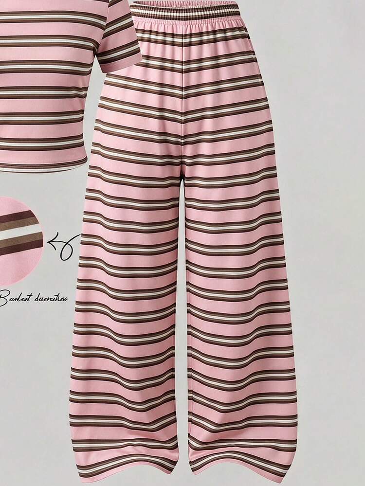 Summer New Pink & Brown Striped Casual Set For Women And Teenagers, Short T-Shirt + High Waist Wide Leg Long Pants 2 Pieces Set - Multicolor - View 6