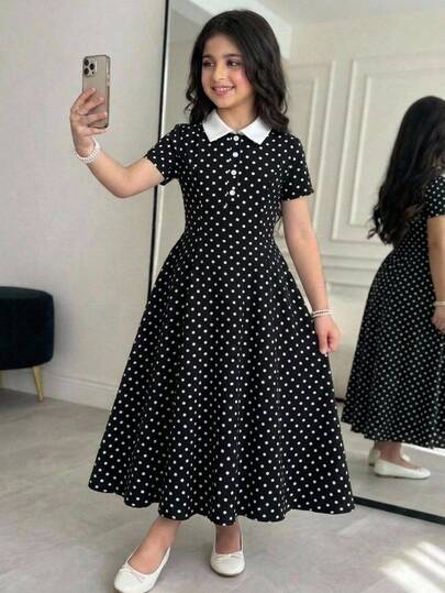 SHEIN Tween Girl Tween Girl Casual Academy Retro Commute Fashion Polo Collar Contrast Lapel Short Sleeve Long Dress Back To School Season Children Dress