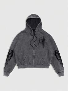 ROMWE MEN Goth 男士印花時尚雪花拉鍊長袖連帽衛衣 - 深灰色 - 查看 2