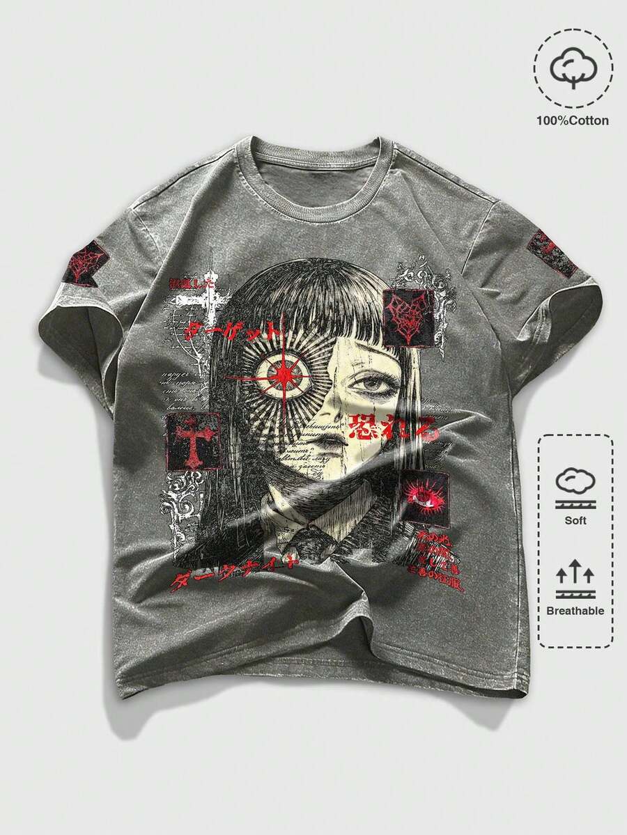 ROMWE MEN Goth Men's Cartoon Print Casual Daily Short Sleeve T-Shirt - Grey - View 1